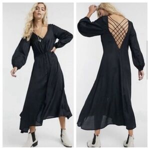 Free People Later Days Midi Button Front Lattice Back Black Dress size 2